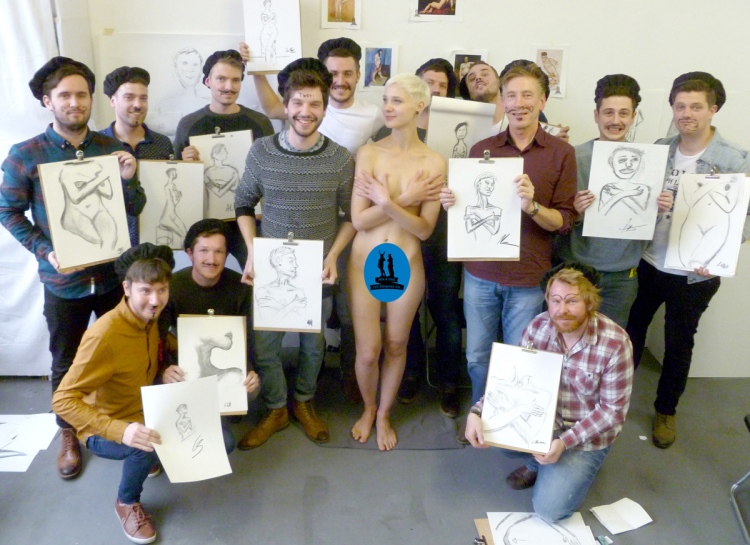Nude model surrounded by 13 fully clothed men. From http://henandstaglifedrawing.co.uk/assets/wp-content/uploads/2014/12/192.jpg